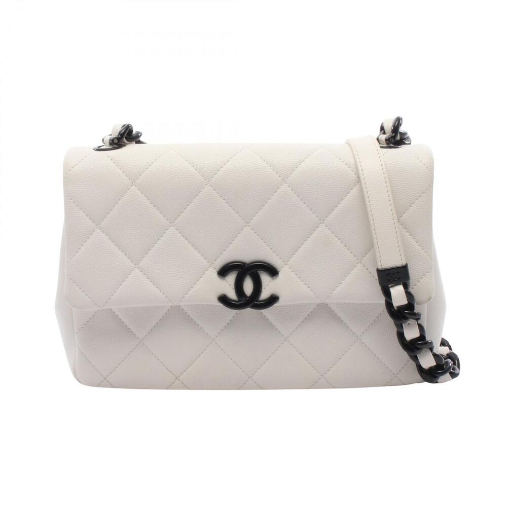Chanel Matelasse Chain Shoulder Bag Caviar Leather Grained Calfskin White